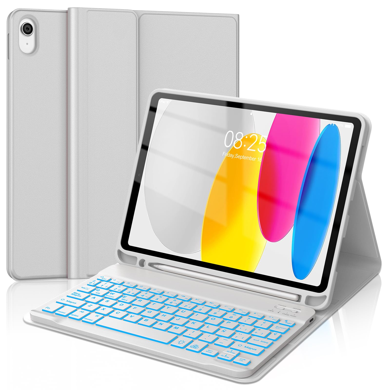 Funda Teclado para iPad 10ª Gen 2022/ A16 11 Gen 2025, Teclado Español para iPad 11 Gen A16, Teclado Retroiluminado Bluetooth Desmontable-Gris Claro