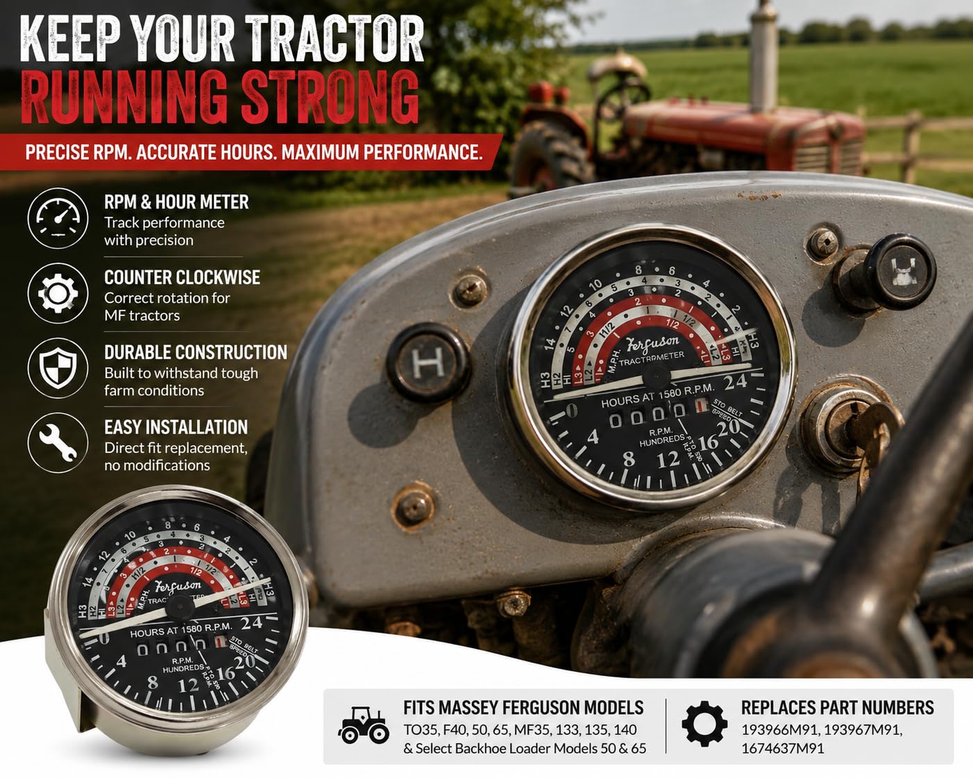 Massey Ferguson 193966M91 - Contagiri per trattore Massey Ferguson TO35 F40 50 65 Massey Ferguson Contagiri trattore/Anti Clock Wise Tachometer-MF 35, 133, 135, 140