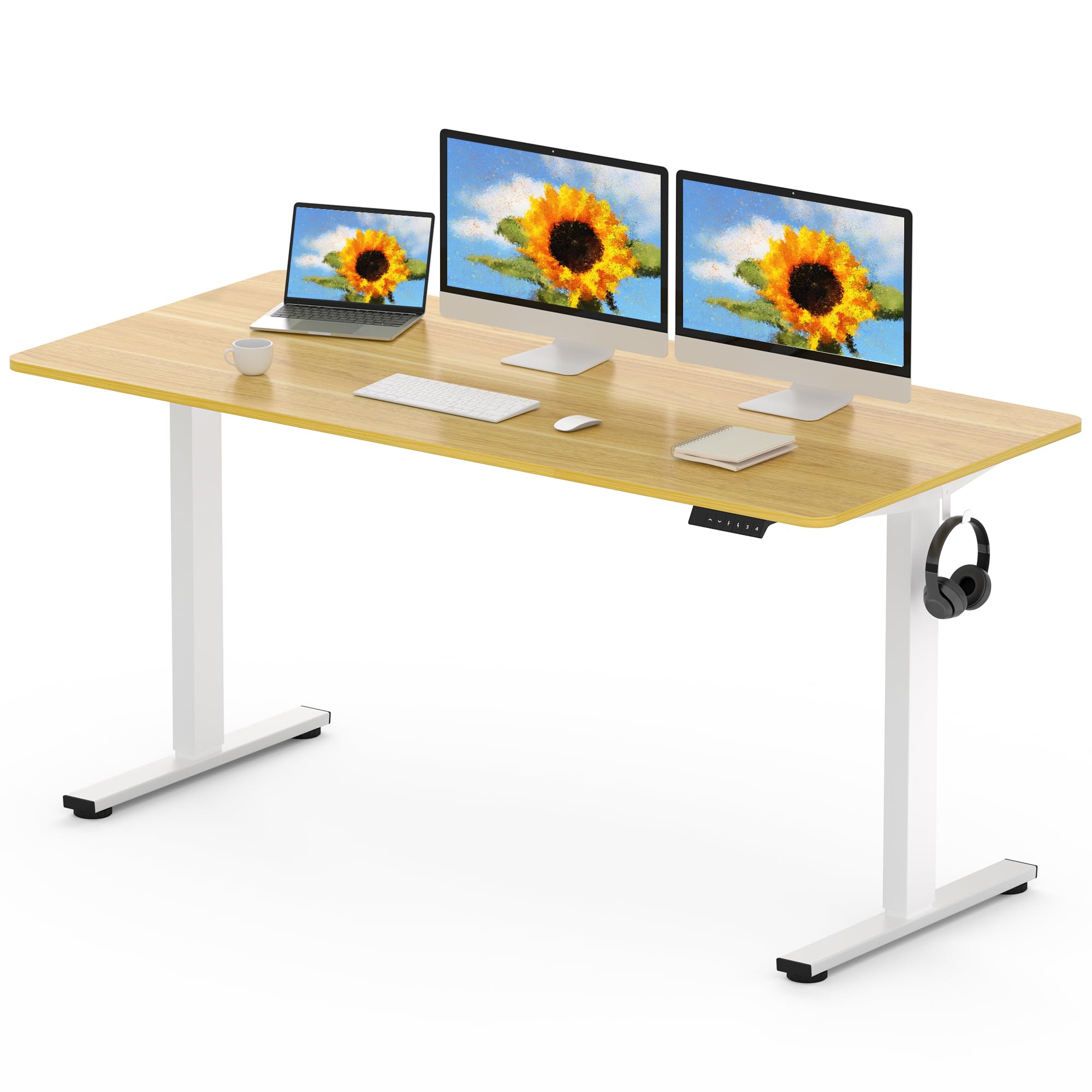 FLEXISPOT 160 x 80cm Electric Standing Desk ONE PIECE Height Adjustable Desk Sit Stand Desk with 4 Memory Smart Panel and Backpack Hook for Home Office, (White Frame+Maple Desktop)