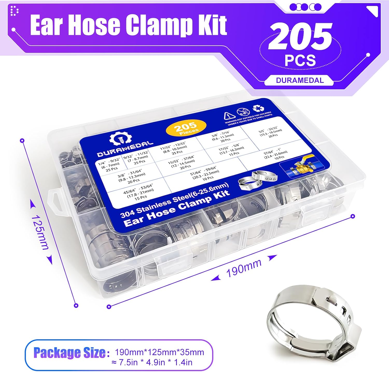 200Pcs 6-25.6mm Single-Ear Hose Clamp Kit. Professional stainless steel crimping hose clamps for automotive, plumbing, and fuel line applications.