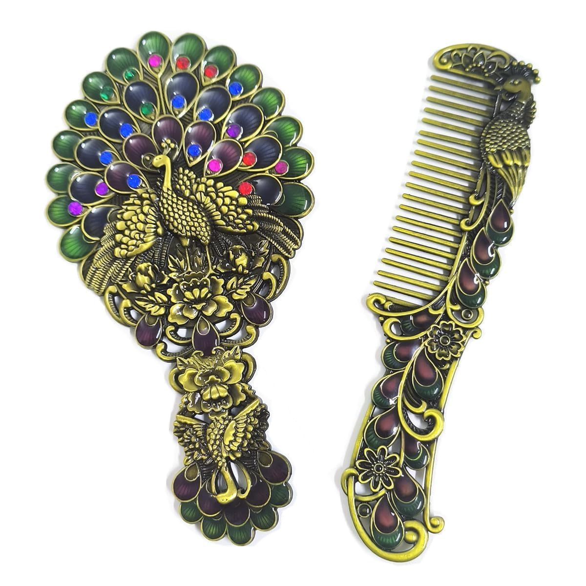 Vintage Peacock Metal Hand Mirror and Comb Set for Women – Antique Style Decorative Makeup Mirror with Handle, Retro Travel Cosmetic Grooming Gift Set for Girls-image-15