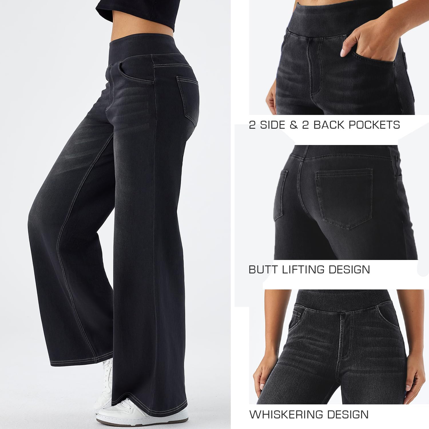 Women's High Rise Wide Leg Jeggings - Stretch Pull On Jeans-Style Pants, Soft Denim with Pockets - Image 3