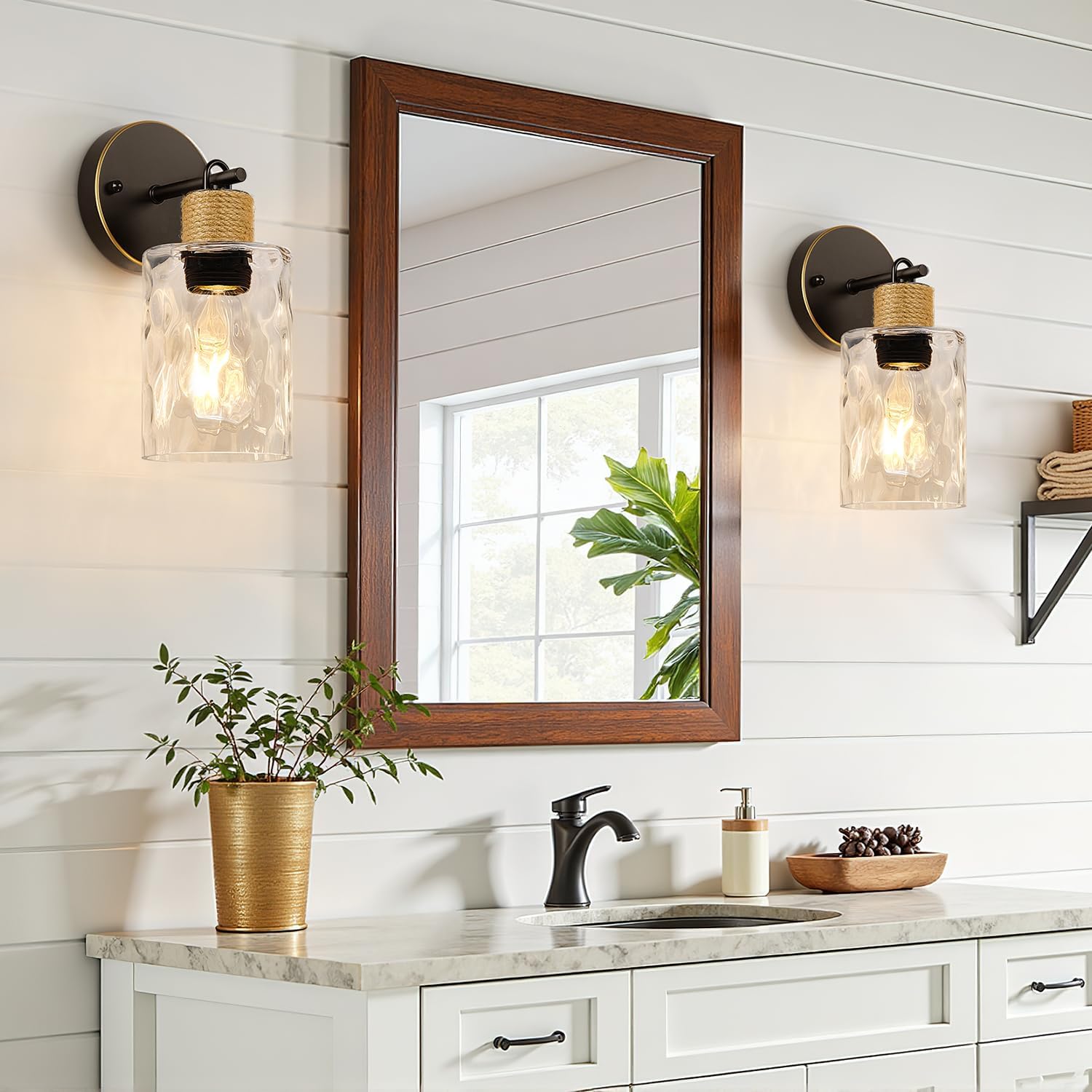 MOKATNG Set of 2 Wall Sconces for Bathroom, Coastal Modern Vanity Lights with Clear Glass Shade, Brown and Gold Bathroom Wall Lamp for Mirror Kitchen Living Room Hallway Cabinet Porch