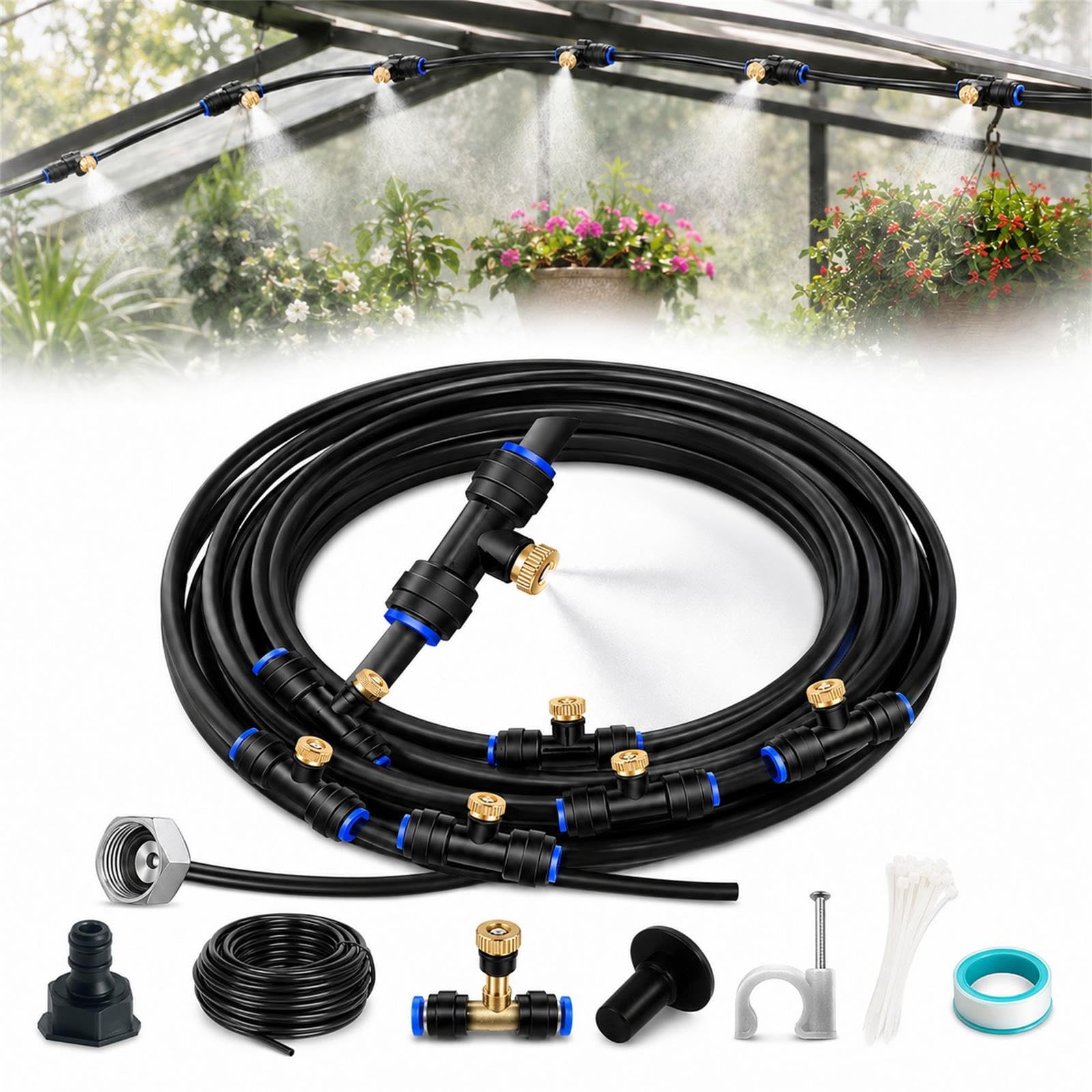 Kit Brumisateur Terrasse, Tuyau Brumisateur Extérieur, Outdoor Patio Fogging Kit, Terrace Misting for Patio Mist Garden Greenhouse Pool Parasols，15m（50FT）