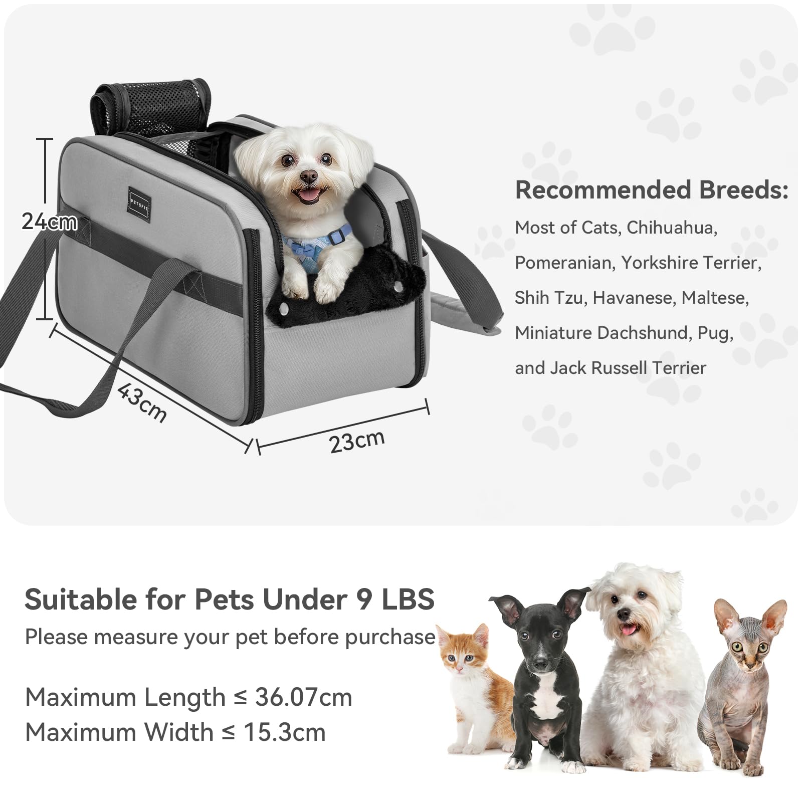 PETSFIT Wielofunkcyjny fotelik samochodowy dla psa, przenośny fotelik samochodowy dla małego psa, nosidełko dla zwierząt domowych, zatwierdzone przez linię lotniczą, z paskiem zabezpieczającym i