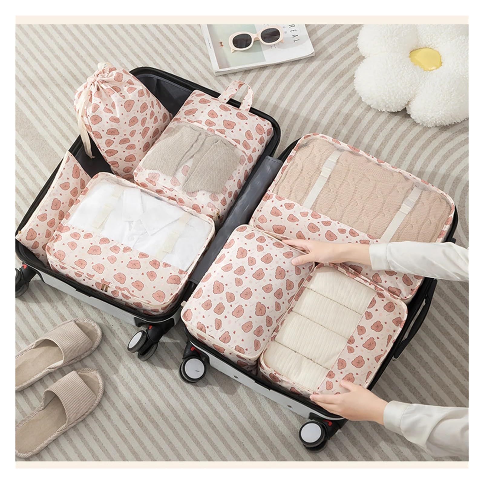 Set organizer per bagagli 7 pezzi di cubi da viaggio stampati con cartoni animati, for riporre vestiti, scarpe, valigie