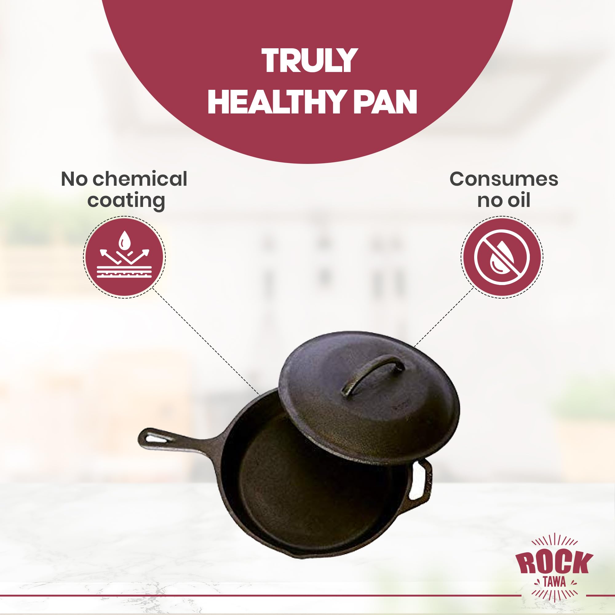 Rock Tawa Induction Base Cast Iron Tawa wit Lid, Black - Image 3 thumbnail