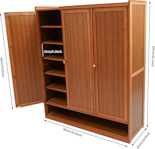 Miniatura 3 de Estante de almacenamiento de zapatos de 8 niveles, estante de almacenamiento de piso de zapatos de bambú con puertas de persiana para 30 pares,