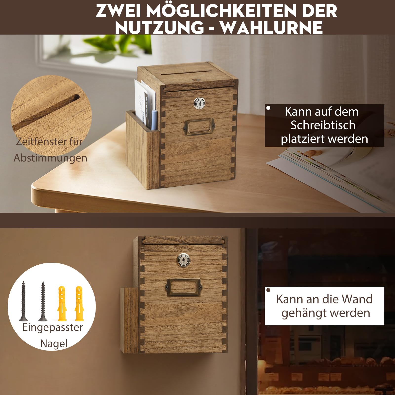 KIRIGEN Vorschlagsbox aus Paulownia-Holz mit Schloss, Wandmontage, Einwurfschlitz 10,5 x 0,5 cm, Dunkelbraun