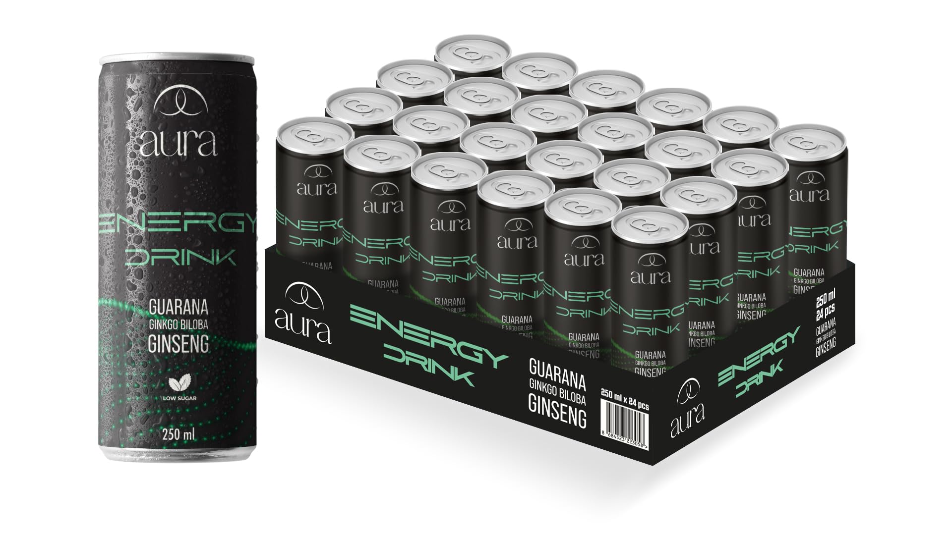 Aura Sağlıklı Enerji İçeceği | 250 ml x 24'lü Kutu | Doğal İçerikli, Düşük Şekerli | Ginseng, Guarana, Ginkgo Biloba Destekli | Aspartam ve Asesulfam K İçermez