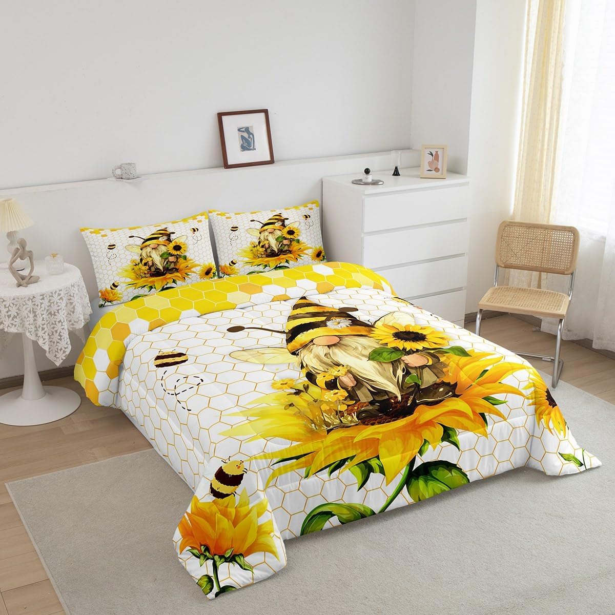 Feelyou Boys Girls Honey Bee Duvet Insert Toddler Size, Honeycomb Comforter Set Sunflower Bedding Set Kids Teens Bedroom Decor 2Pcs