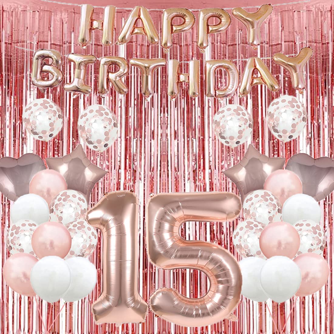 15th Birthday Balloon 15th Birthday Decorations Rose Gold 15 Balloons Happy 15th Birthday Party Supplies Number 15 Foil Mylar Balloons Latex Balloon Tassels Foil Fringe Curtains Photo Backdrop