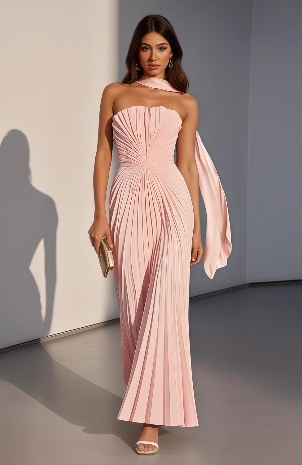 Women's Strapless Prom Dresses with Scarf Pleated Chiffon Bridesmaid Dress Long Corset Formal Evening Gowns - Image 4