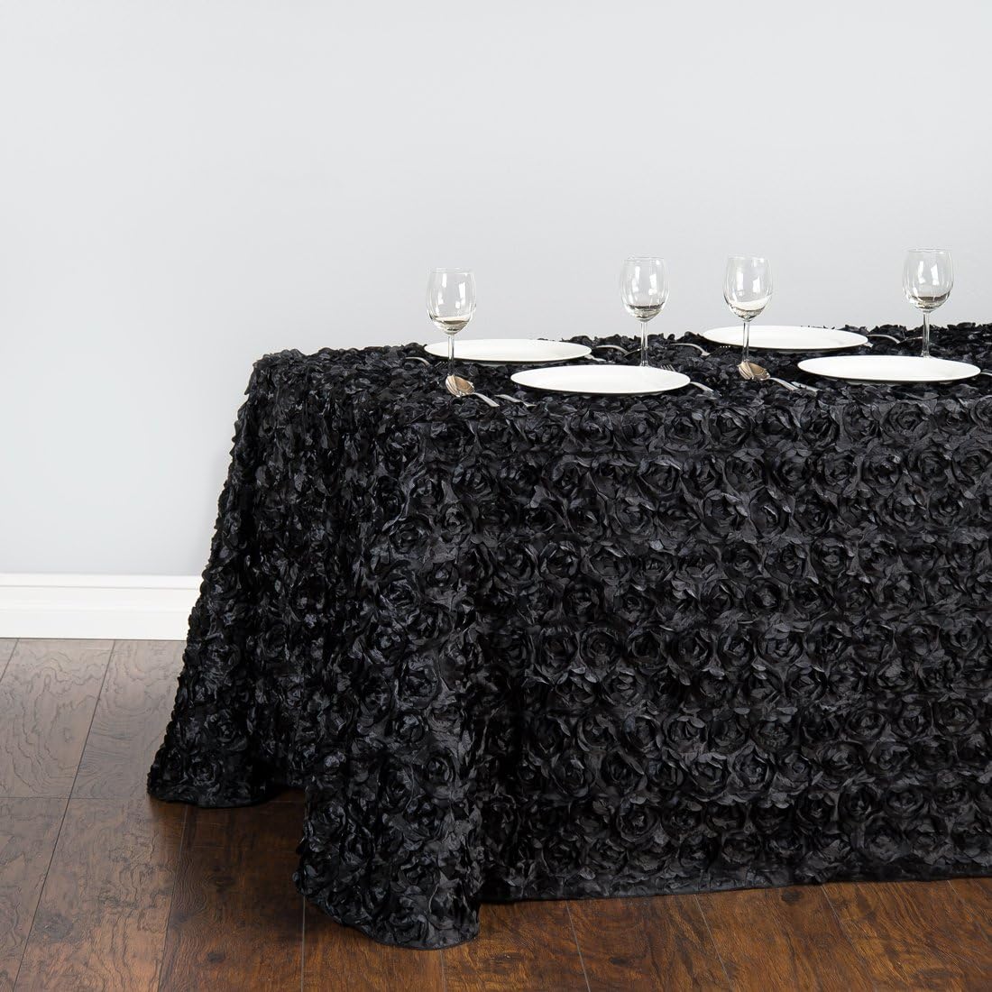 LTC LINENS LinenTablecloth Rosette Satin Rectangular Tablecloth, 88 by 130-Inch, Black