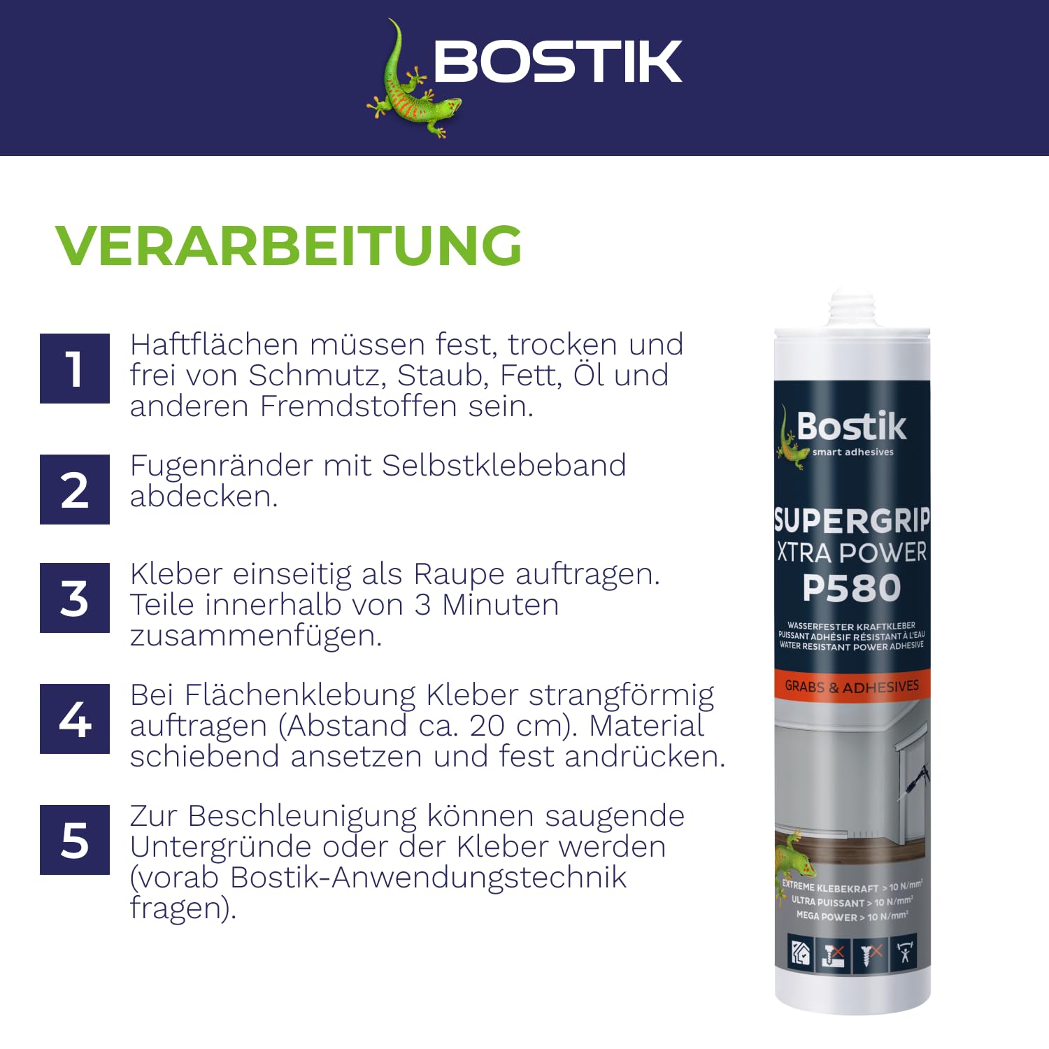 Bostik P580 Supergrip Xtra Power beżowy klej montażowy PU (435 g), wkład 290 ml