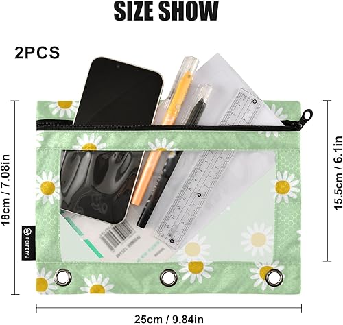 Miniatura 3 de SUABO Estuche para lápices de flores de margarita verde para carpeta de 3 anillas, estuche para lápices, bolsa de cosméticos con ventana
