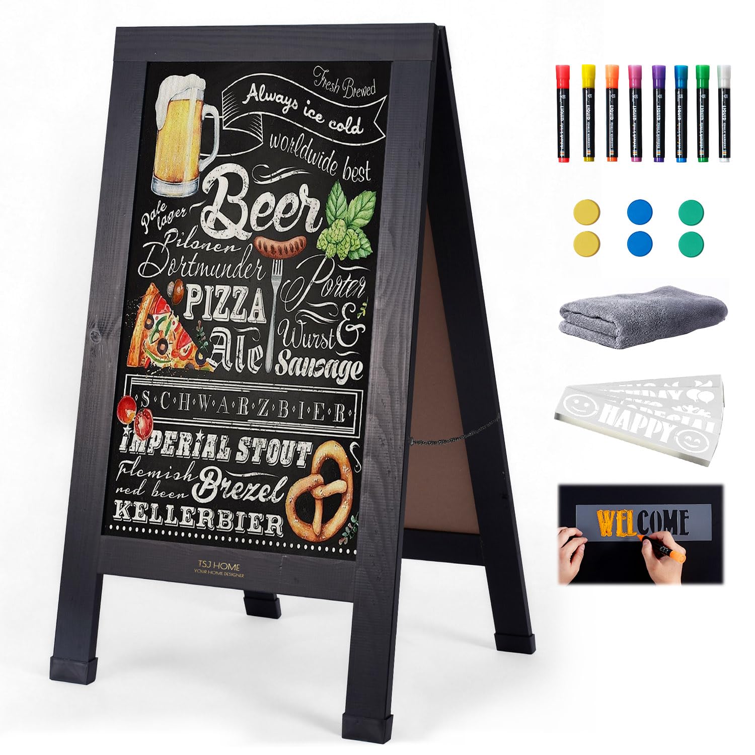 Wood Magnetic A-Frame Chalkboard Signs, 40" x 20" Large Sandwich Board Signs Outdoor, Double-Sided Sidewalk Blackboard for Business, Wedding, Vendor Display, Coffee Shope - Black