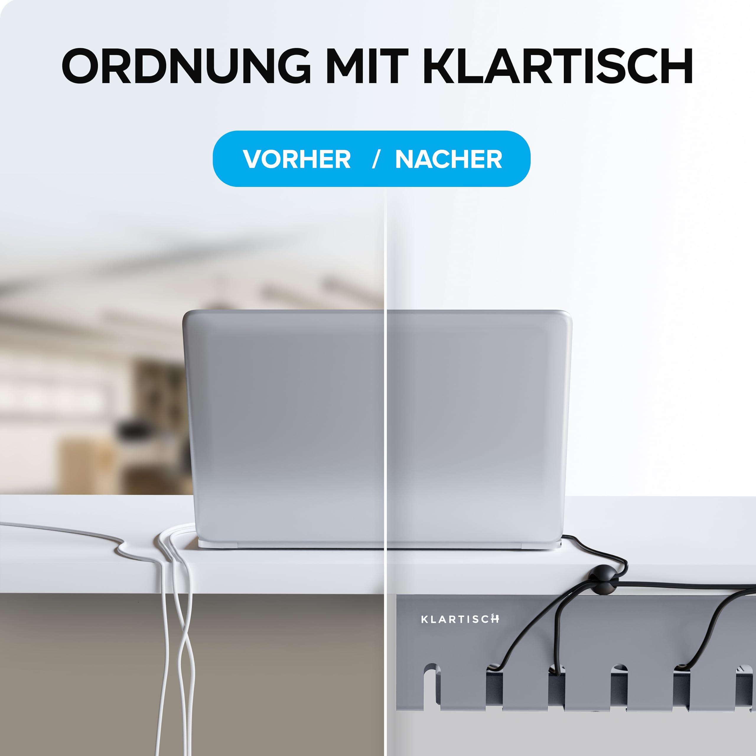 KLARTISCH Kabelgoot bureau - zelfklevende kabelhouder - set van 2 incl. accessoires - eenvoudige montage zonder boren - kabelmanagement bureau (grijs
