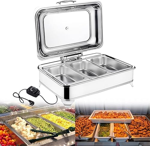 Aprilhp Juego de bufé de platos de 9 litros, juego de servidores y calentadores de bufé de 400 W con ventana de vidrio y eje hidráulico,