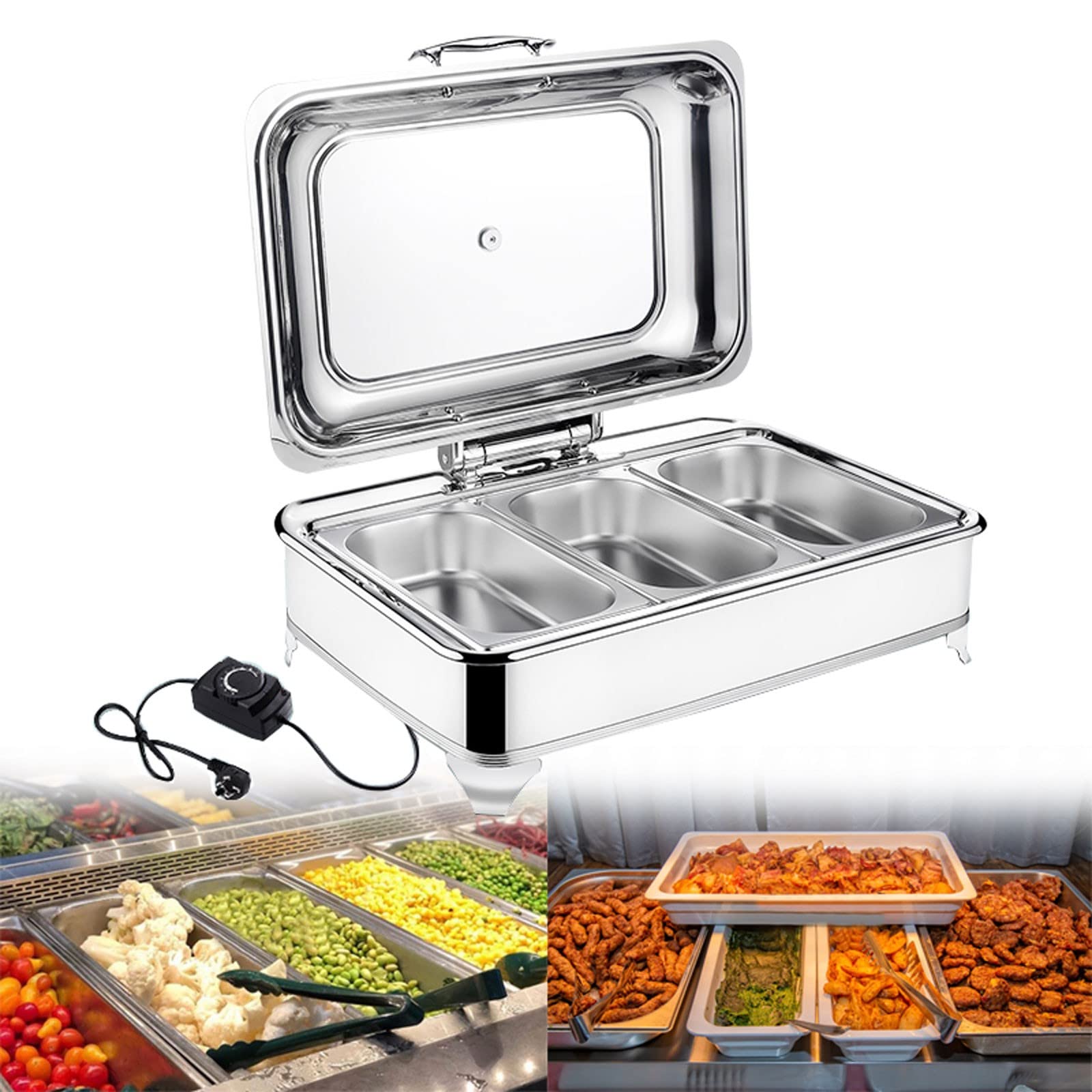 400w Scalda Vivande per Buffet Visibile, Scaldavivande Chafing Dish Elettrico con Manico Liscio, Contenitore Scalda Cibo Acciaio Inossidabile per Matrimoni Feste Banchetti Catering Eventi(Size:3grid)