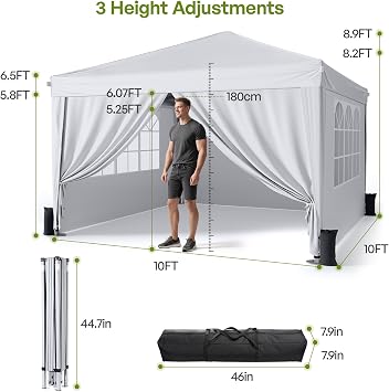 Driftalia 10x10 Pop Up Canopy with Sidewalls, Outdoor Instant Canopy Tent with Carry Bag for Commercial Events, Camping, Backyard Parties - White
