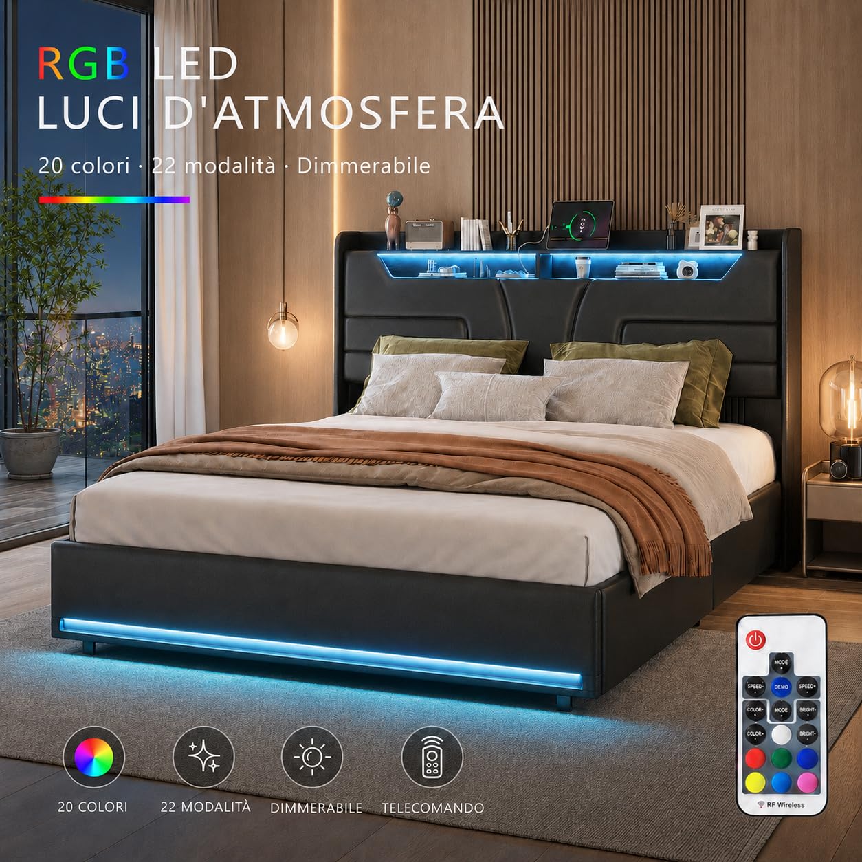 Letto Matrimoniale 160x200 cm con LED RGB, Testiera Imbottita Nero PU, Struttura a Stecche Rinforzata, Contenitore ad Apertura Gas e USB, Senza Rete Elasticizzata Richiesta (Nero PU, 160x200)