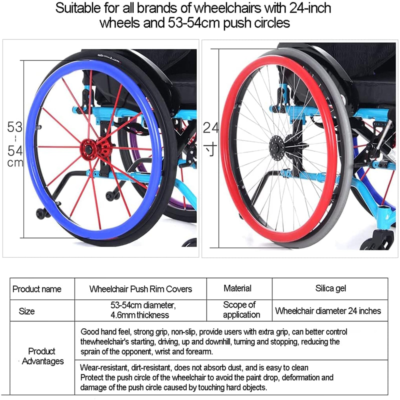Rutschfeste Silikon-Rollstuhl-Schiebfelgenabdeckungen, verschleißfest, für Rollstuhl-Hinterradgriffe, Schutzhülle für Rollstuhl-Schubringe, blau, 55,9 cm