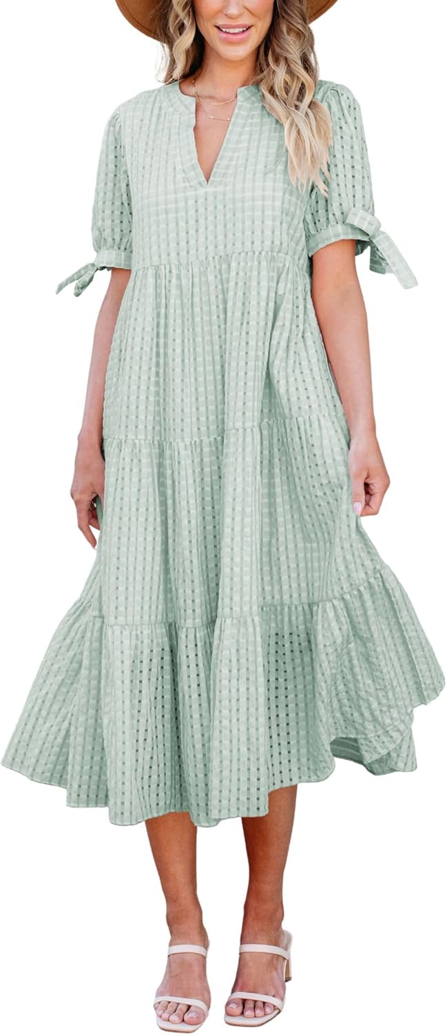 Theenkoln Womens Casual Midi Dress: Short Sleeve V-Neck Empire Waist Gingham Spring Fashion Long Trendy Tiered Formal Dresses Medium Green