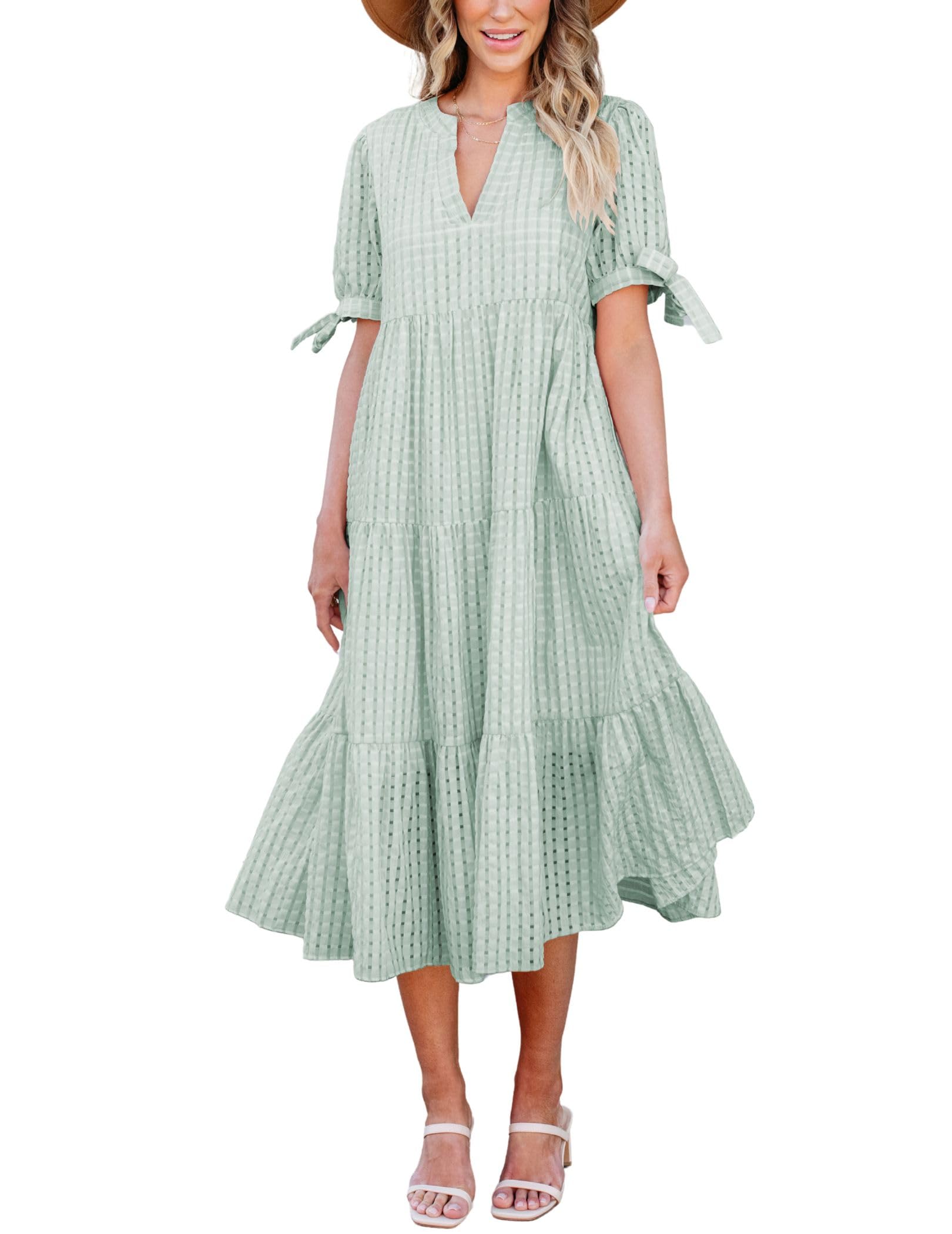 Theenkoln Womens Casual Midi Dress: Short Sleeve V-Neck Empire Waist Gingham Spring Fashion Long Trendy Tiered Formal Dresses