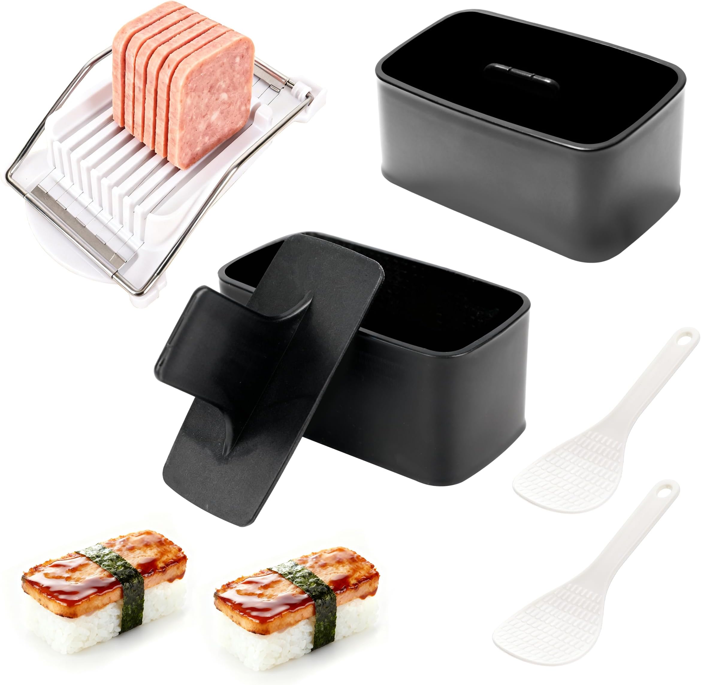 Non-Stick Spam Musubi Mold Kit, 2 PCS Musubi Press Mold for Sushi and Onigiri, Including 1 PCS Stainless Steel 304 Luncheon Meat Slicer for SPAM and 2 PCS Rice Paddle