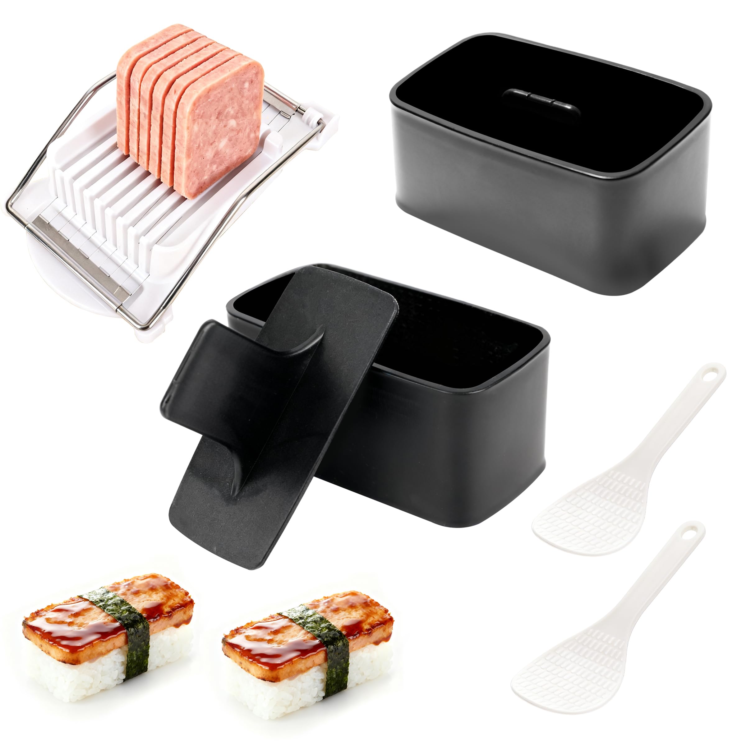 Non-Stick Spam Musubi Mold Kit, 2 PCS Musubi Press Mold for Sushi and Onigiri, Including 1 PCS Stainless Steel 304 Luncheon Meat Slicer for SPAM and 2 PCS Rice Paddle