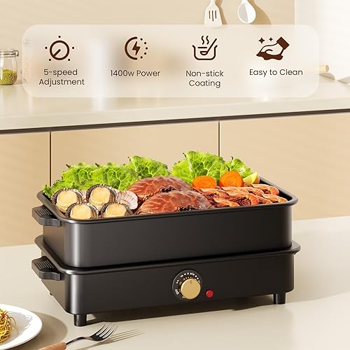 Miniatura 2 de Recipiente antiadherente de gran capacidad con tapa, sartén eléctrica 2 en 1 de 1400 W para parrilla y olla caliente con bolsa de transporte, cocina