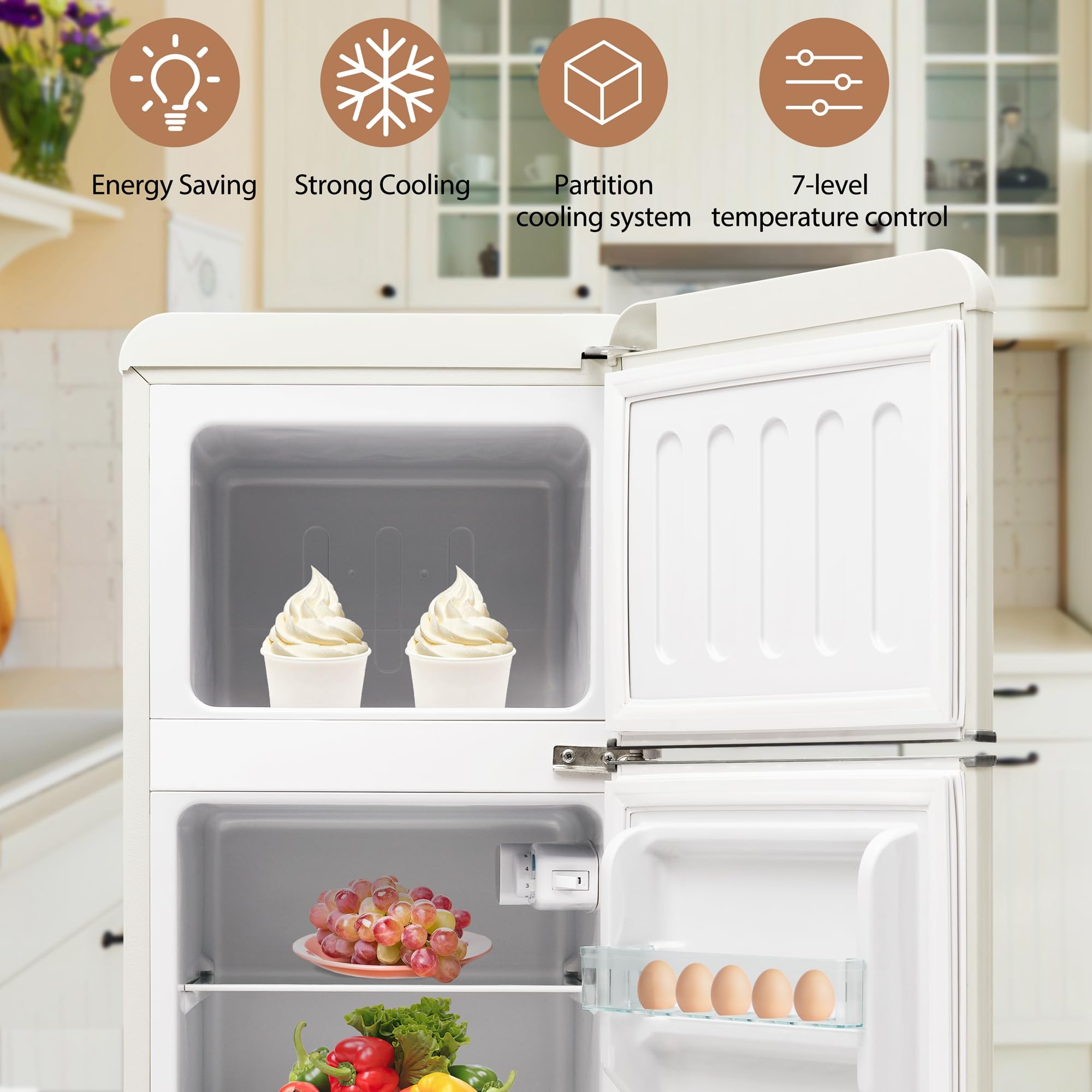 Merax Frigorífico de 2 puertas, 92 litros, congelador 28 l, 105,5 cm de altura, LED, estantes de vidrio ajustables, 116 kWh/año, silencioso 45 dB, compacto y energéticamente eficiente, para cocina