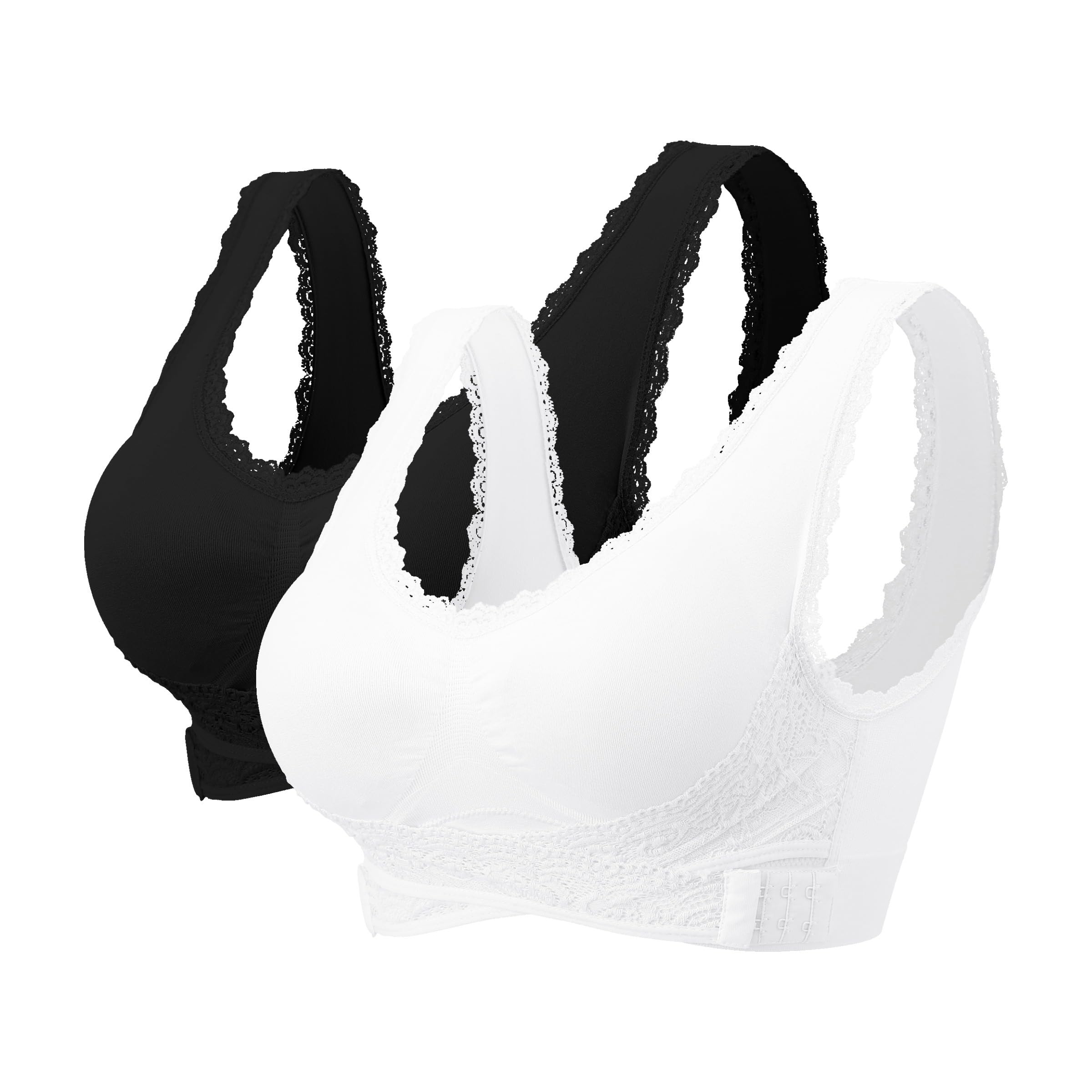 Women Wireless Lace Bra - Adjustable Front Cross Side Buckle Bras Seamless Comfy Wide Straps Underwear Plus Size for Leisure Yoga