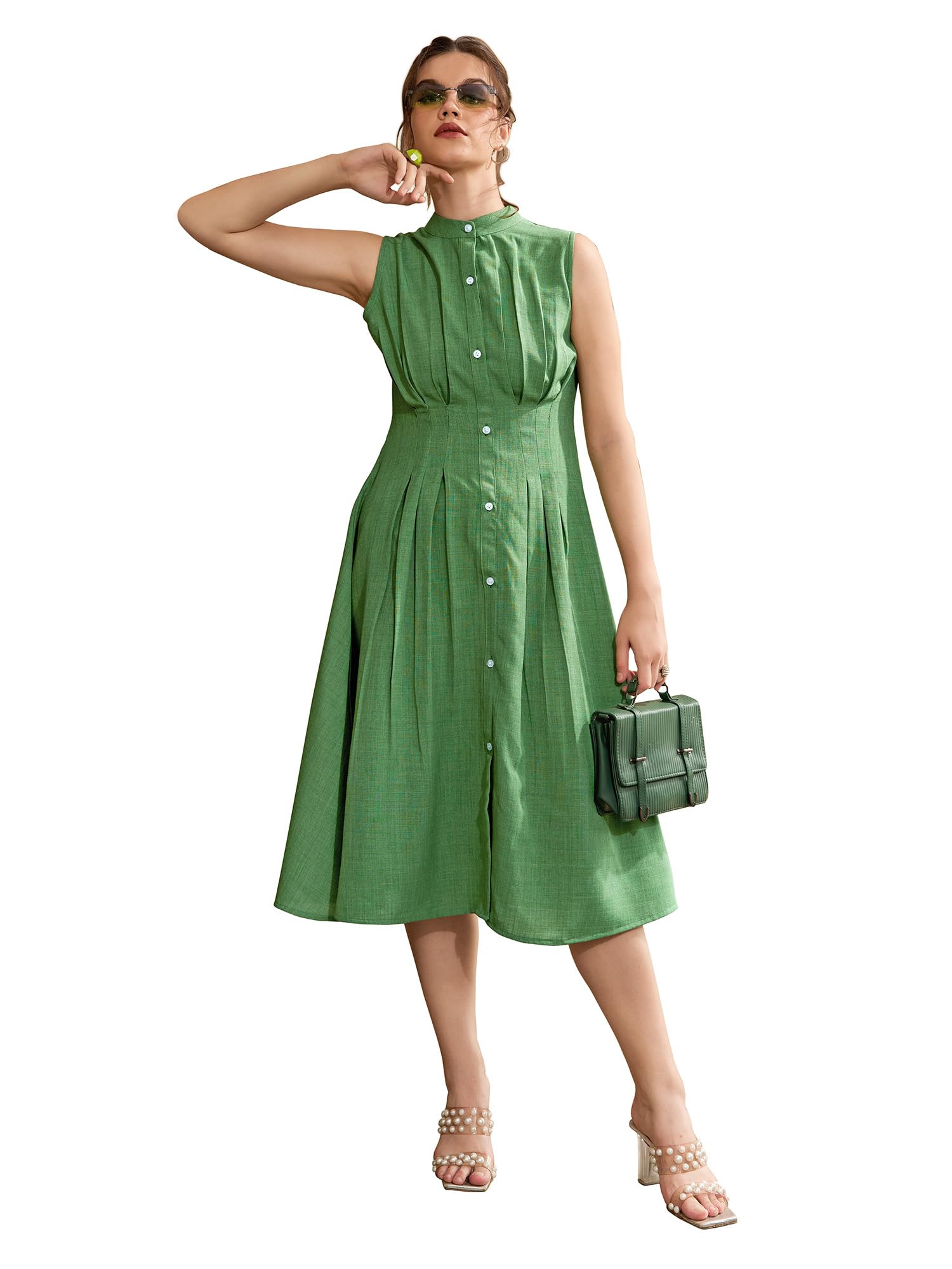 Women's Pleated Knee Length Sleeveless Mandarin Collar Solid Dress-image-38
