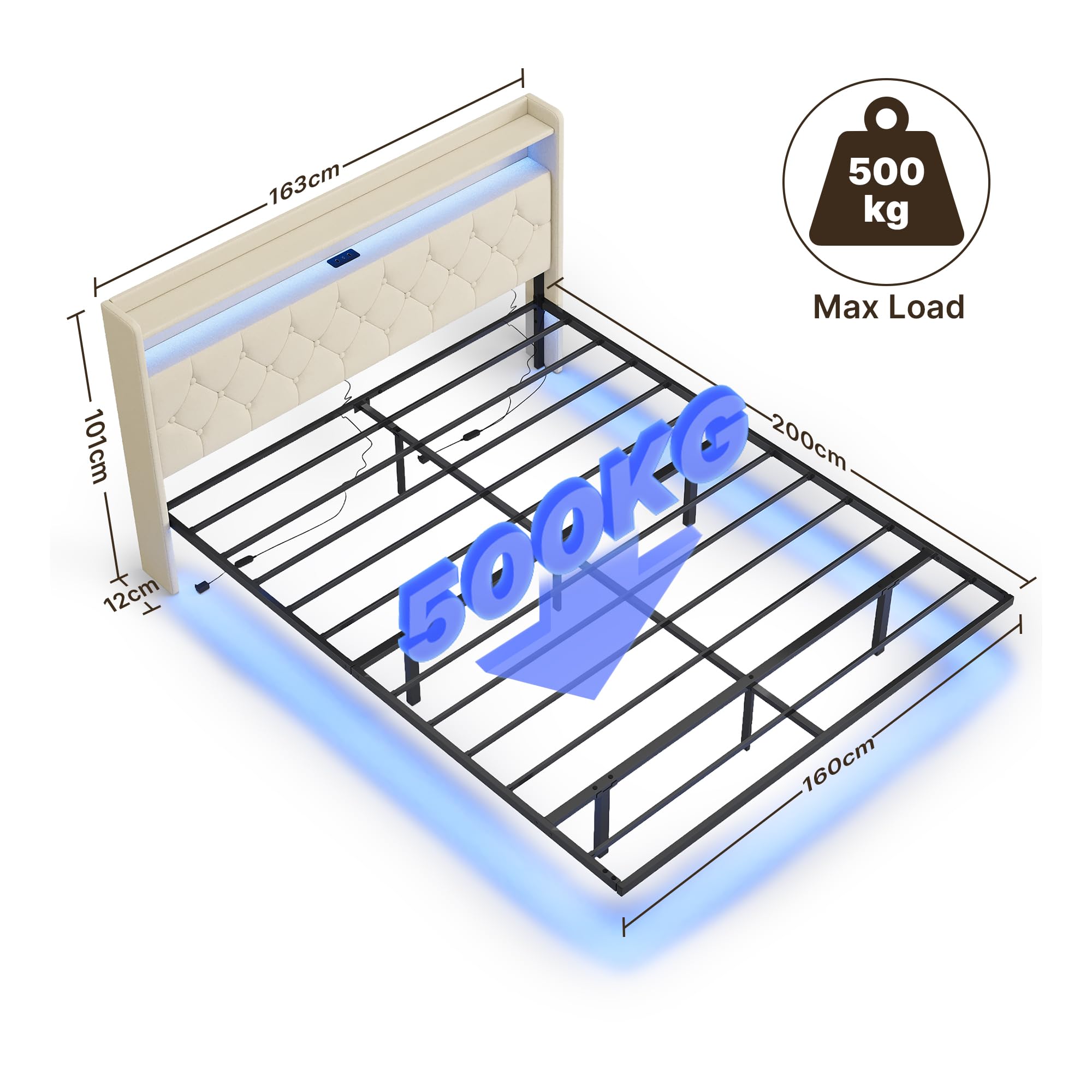 Xbro Łóżko 160x200 cm z pływającym, tapicerowane łóżko z oświetleniem LED i stacją ładującą (USB/wtyczka), wyściełany zagłówek z miejscem do przechowywania, Somier, ciemnoszary