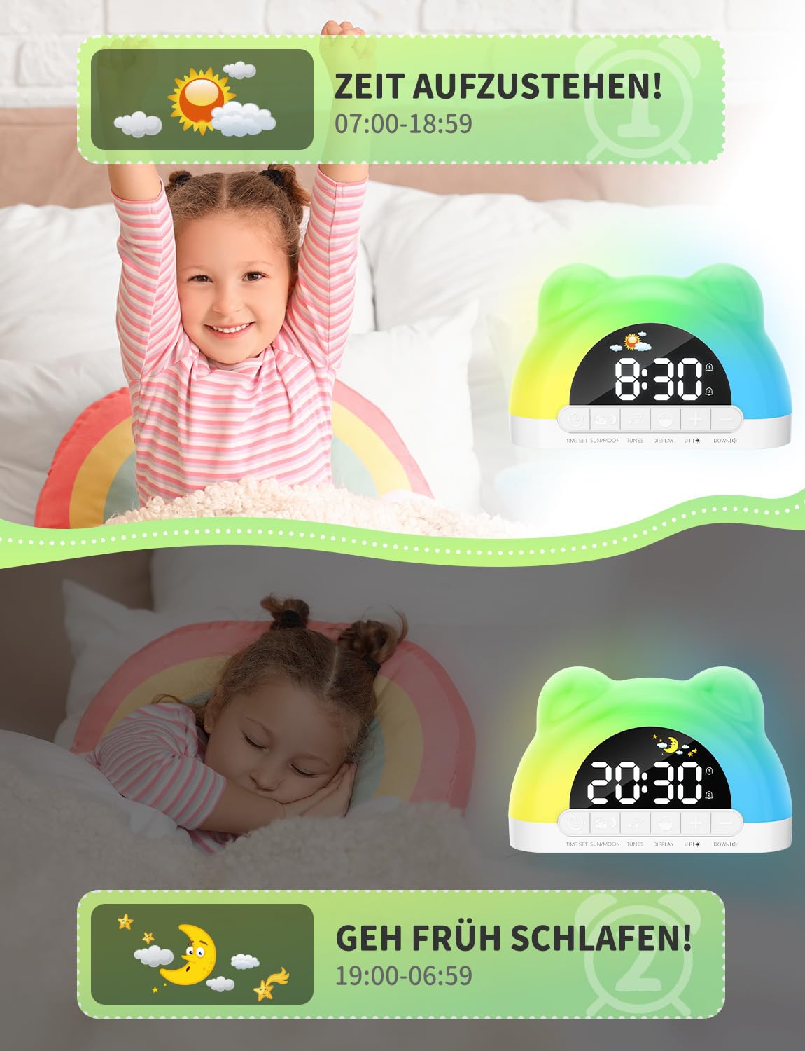 Kinderwecker,Wecker Kindermit 11 RGB Lichtern,Schlaftrainer Für Kinder Soundmaschine Dual Wecker Schlummerfunktion 12/24H Zeitanzeige Für Jungen und Mädchen
