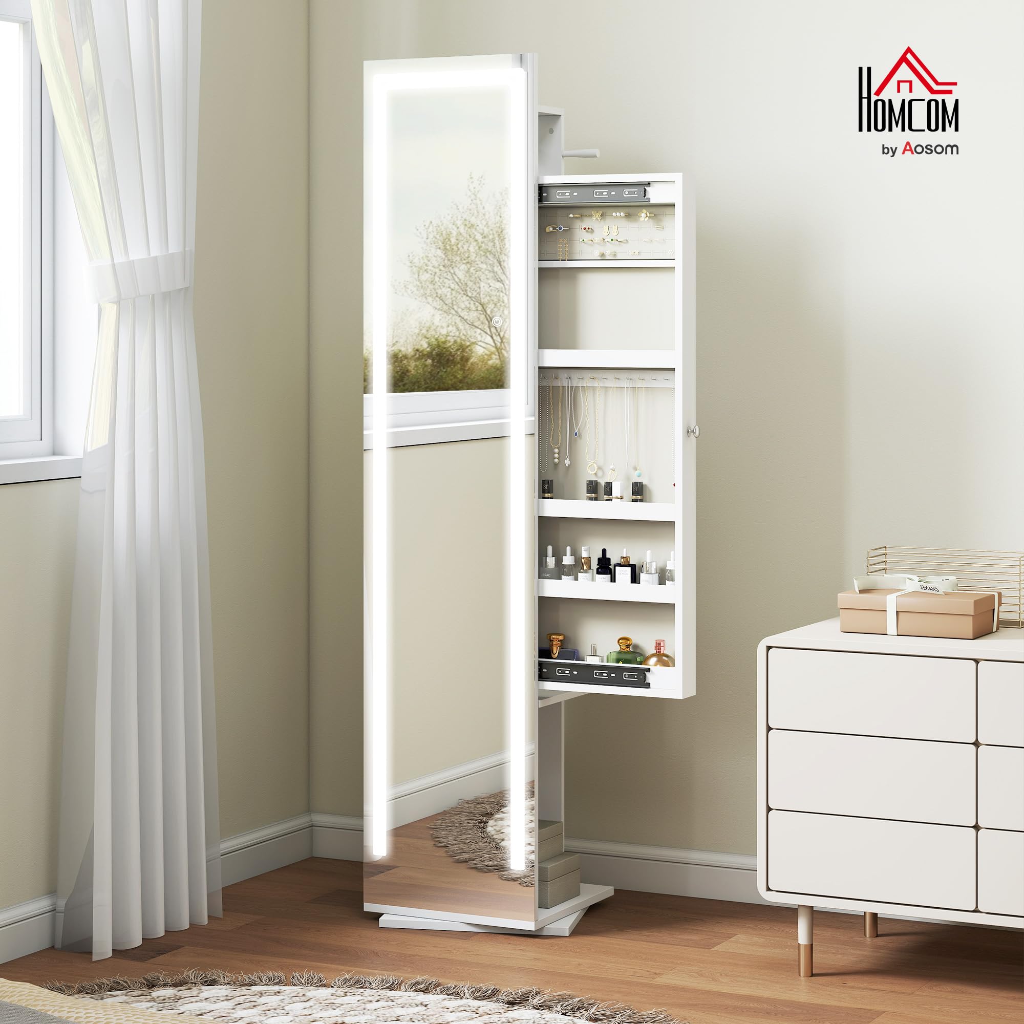 HOMCOM Espejo Joyero con Luces LED, Armario Joyero con Espejo de Cuerpo Entero sin Marco, Armario para Joyas Giratorio 360° con Estantes Abiertos, Perchero y Barras para Colgar, Blanco y Forro Beige