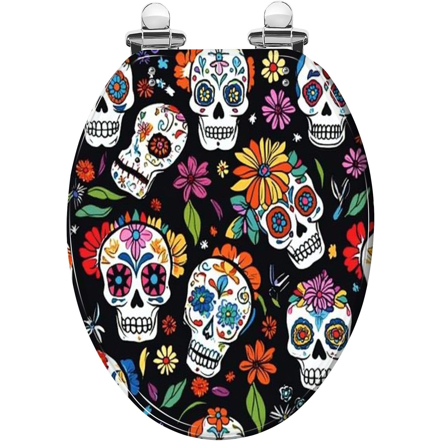 Asiento de inodoro con estampado del Día de Muertos y Halloween mexicano, de resina, con tapa de cierre suave y silencioso, bisagras de liberación rápida y fácil limpieza.