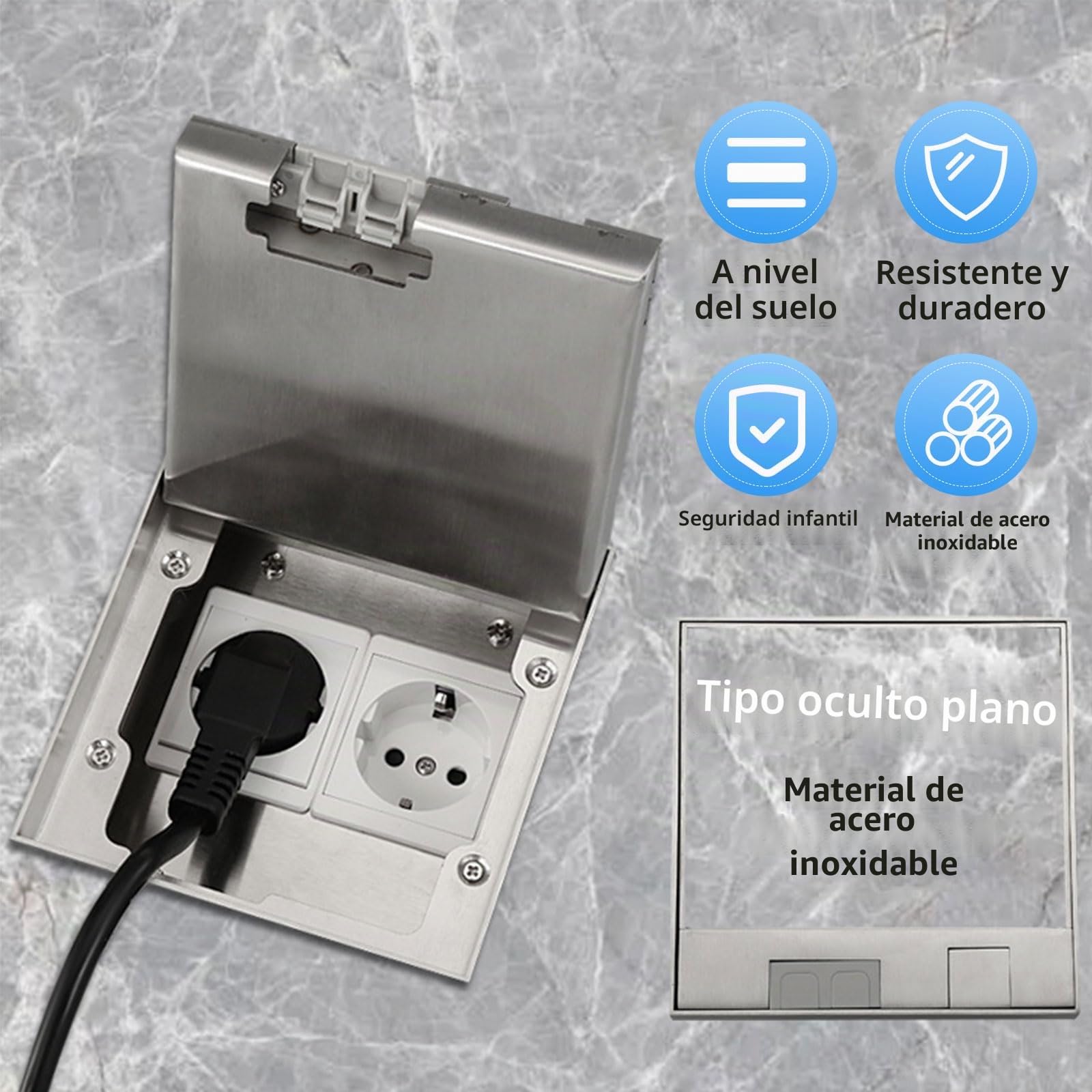 Caja de Cubierta de Salida de Piso,16A AC250V 4000W Caja de Piso eléctrica con Puerto de Cable de Red &Cubierta de Acero Inoxidable para Enchufe de Salida empotrada