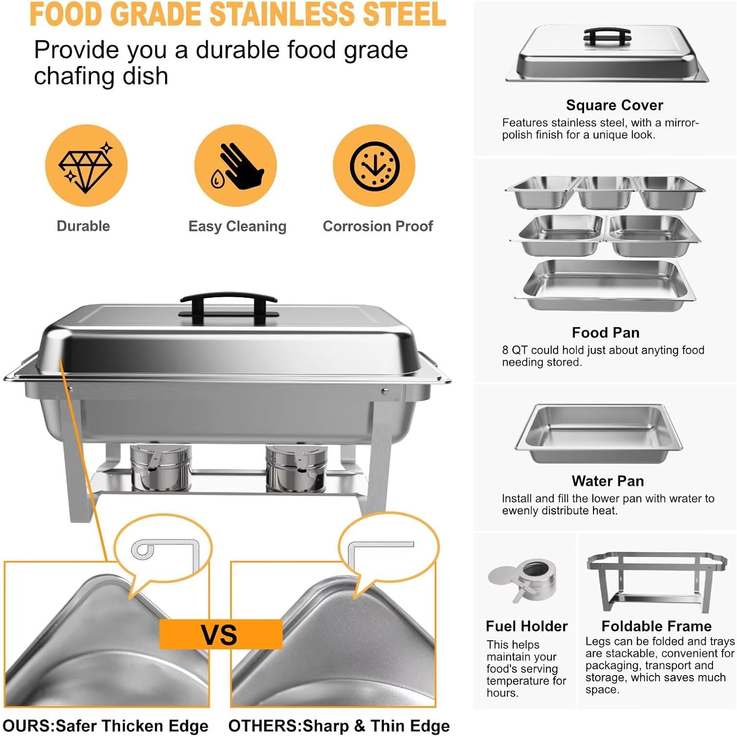 4 Pack Chafing Dish Buffet Set Stainless Steel 5 QT Round&8 QT Rectangular Chafers Food Warmers with Full,1/3 Rectangular&Round Food Pan,Fuel Holder,Foldable Frame For Catering Events - Image 4