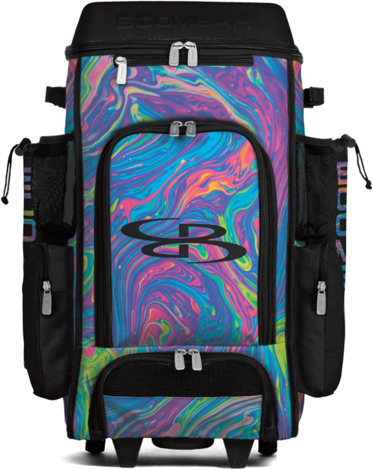 Boombah DEFCON Superpack Rolling Bat Bag - Telescopic Handle and Holds 4 Bats - Wheeled Version - Lava 2 Multi