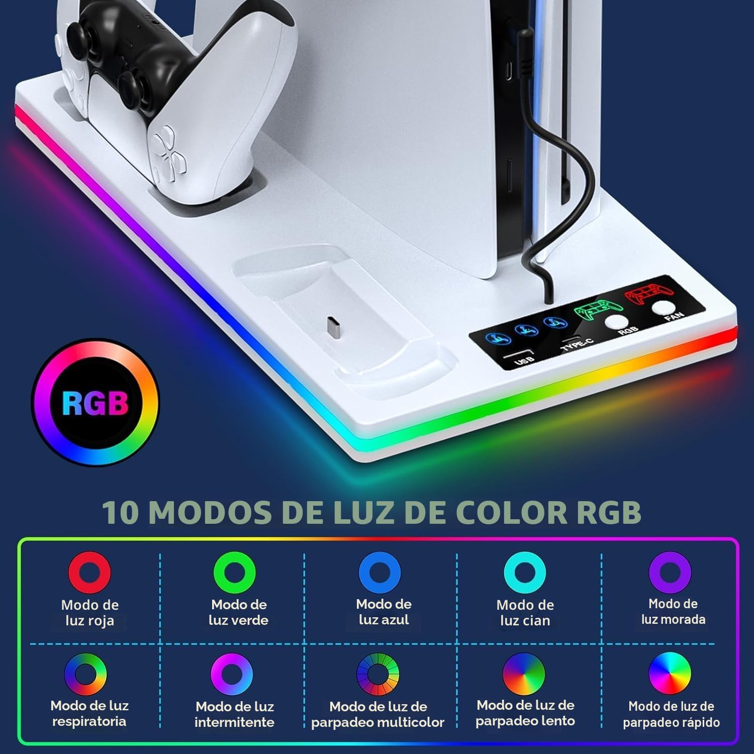 3 en 1 Soporte PS5 con Cargador Mando y Ventilador de 3 Velocidades, Soporte Vertical PS5 para PlayStation 5 Slim & Standard Disco/Digital, Refrigerador PS 5 con Luz RGB y 2 Puertos USB
