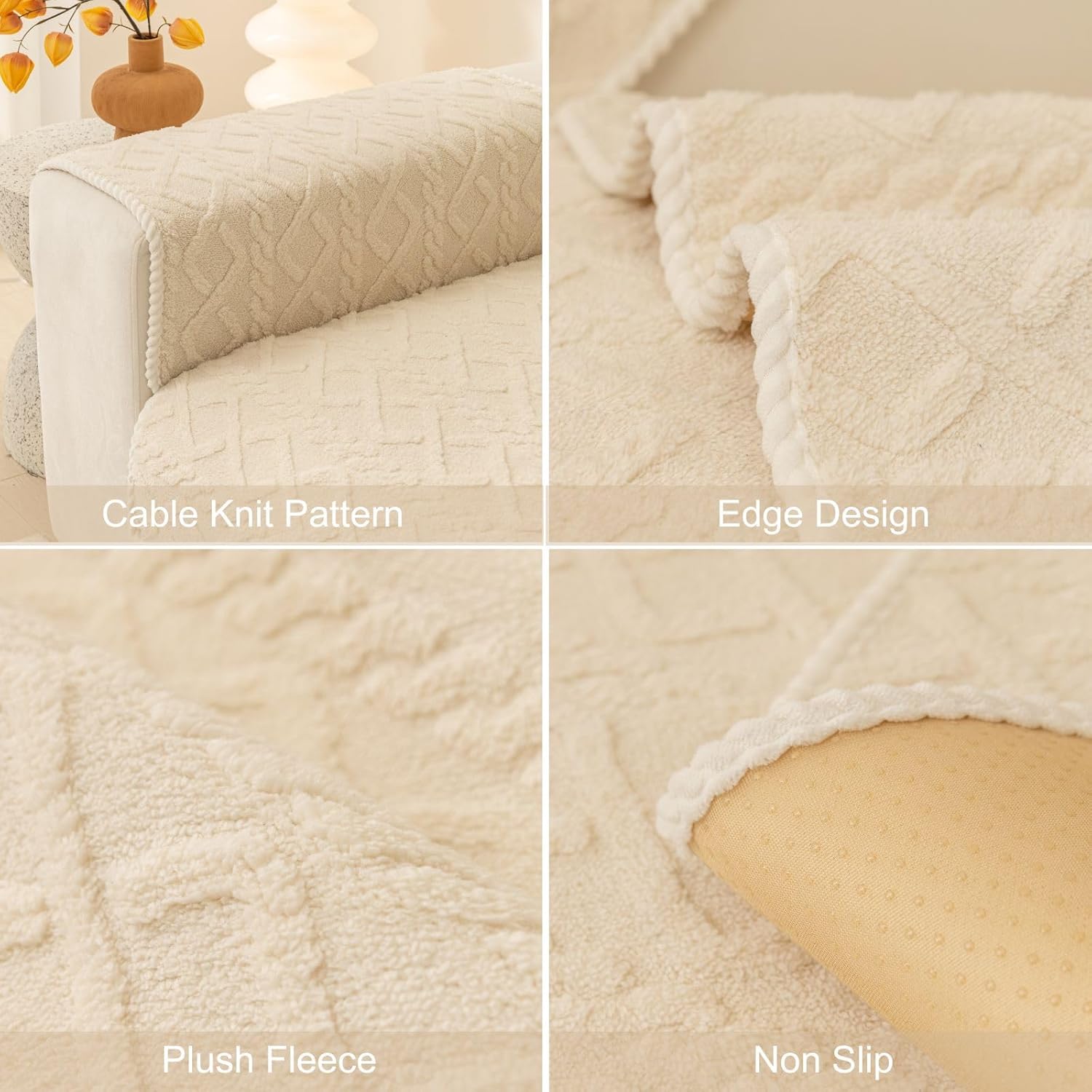 vctops Geometric Jacquard Plush Sofa Couch Covers Farmhouse Neutral Non Slip Sectional Couch Cover Soft Warm Sofa Slipcover for Dogs, Children, Pets Furniture Protector (Cream,28"x70")