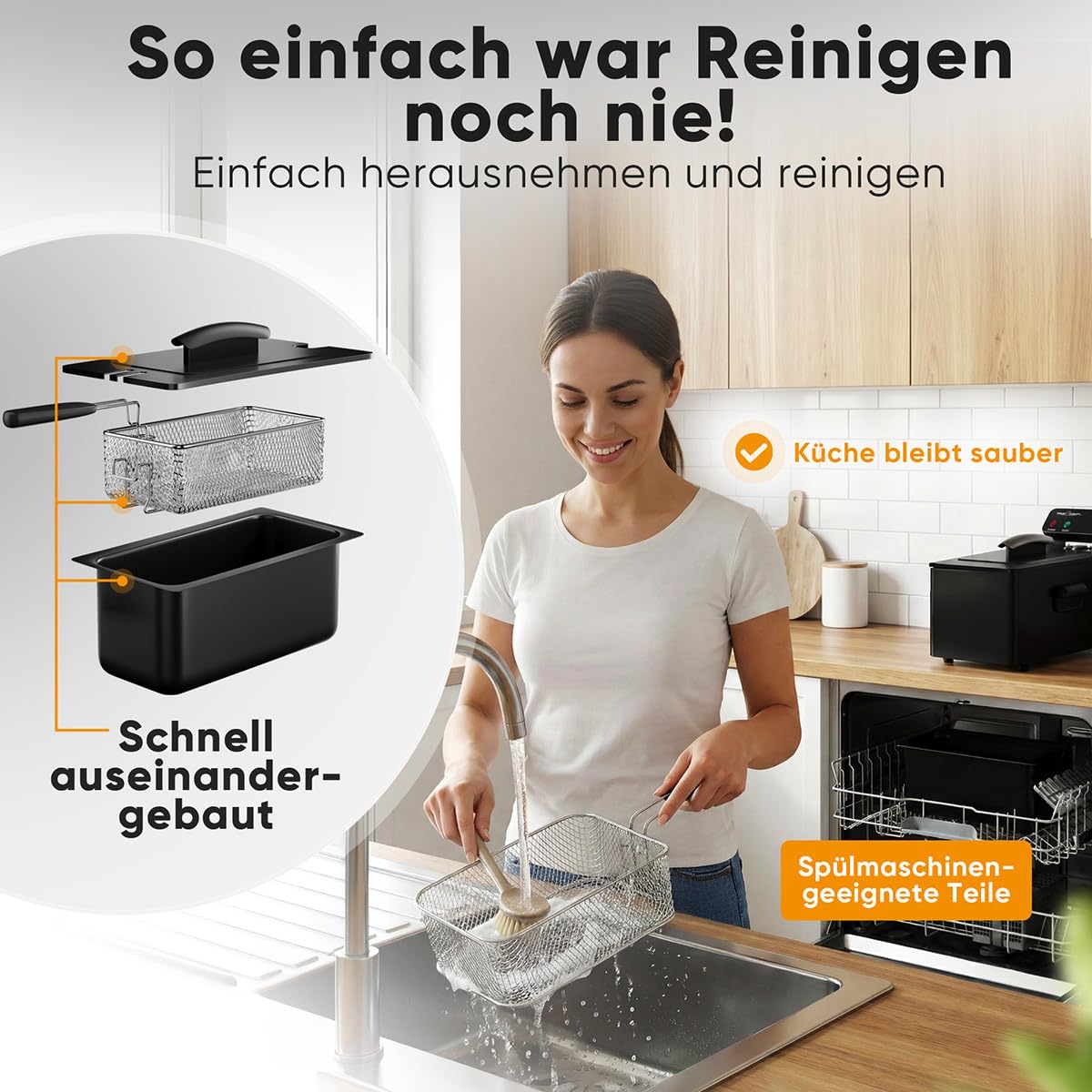 ProfiCook® Friteuse mit Fett | 130-190°C | Fritteuse mit Öl | 2000W | 3L | spülmaschinengeeignete Teile | Spritzschutz-Deckel | Kaltzonen-Fritöse | komplett zerlegbar | PC FR 1325