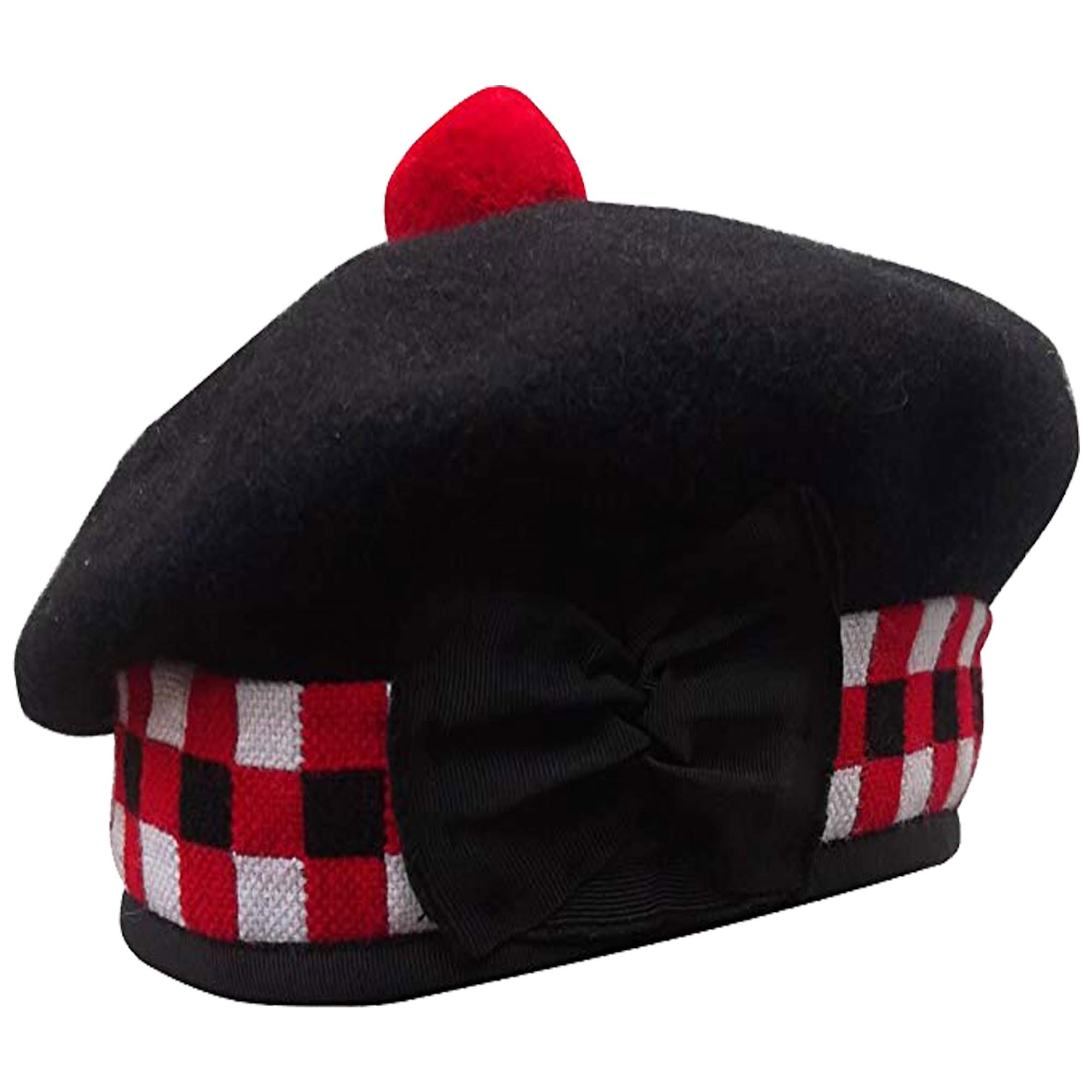 Men's Scottish Glengarry Balmoral Kilt Hats Diced & Plain 100% Wool Piper {Diced Black Balmoral 62cm (7 3/4)}
