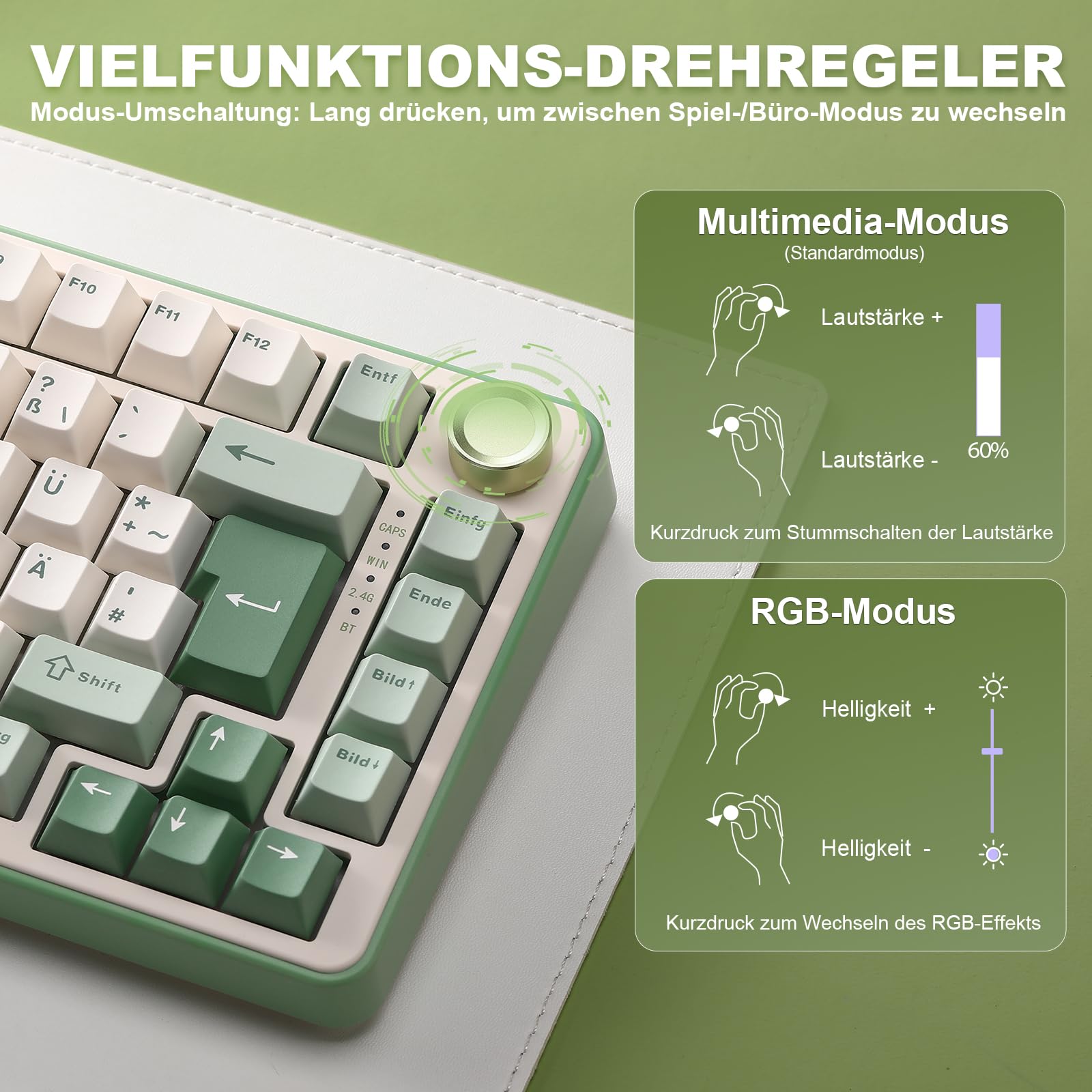 YUNZII B75 PRO ISO-DE Mechanische Gaming Tastatur, 75% QWERTZ Layout (DE) mit Drehknopf, BT5.0/2.4GHz/USB-C, Vorgeschmierte Schalter, RGB für Win/Mac/PC (Matcha Green, Cocoa Cream V2 Switch)
