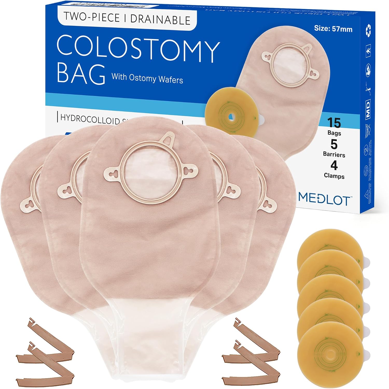 LotFancy Ostomy Bags Two-Piece, Colostomy Ileostomy Supplies, Hydrocolloid Skin Barrier, Cut-to-Fit 1” to 2 1/4”, Locking Ring Connection, 15 Pouches + 5 Barriers