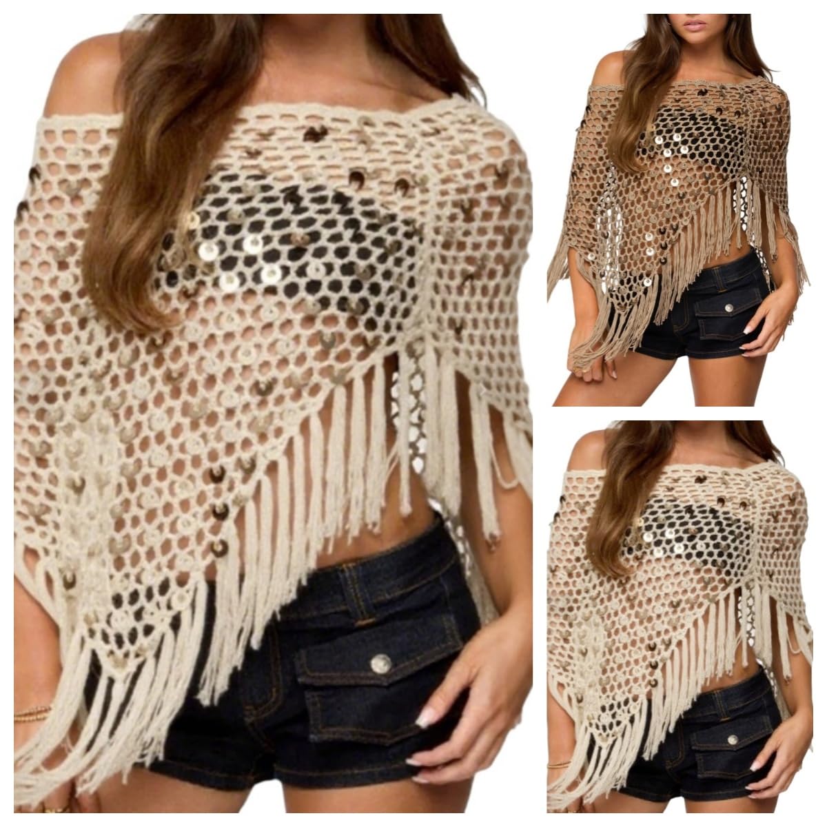 Elegante Poncho Estivo da Donna in Maglia Leggera E Ampia con Lustrini Bolero Asimmetrico Leggero E alla Moda con Nappe.