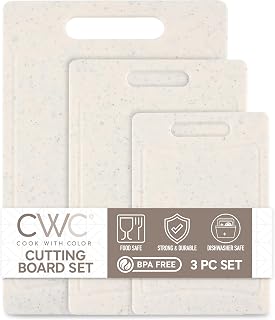 COOK WITH COLOR Non-Slip 3-Piece Cutting Board Set Speckled White - Easy Grip Handles, BPA-Free Plastic for Meat Veggies Fruits